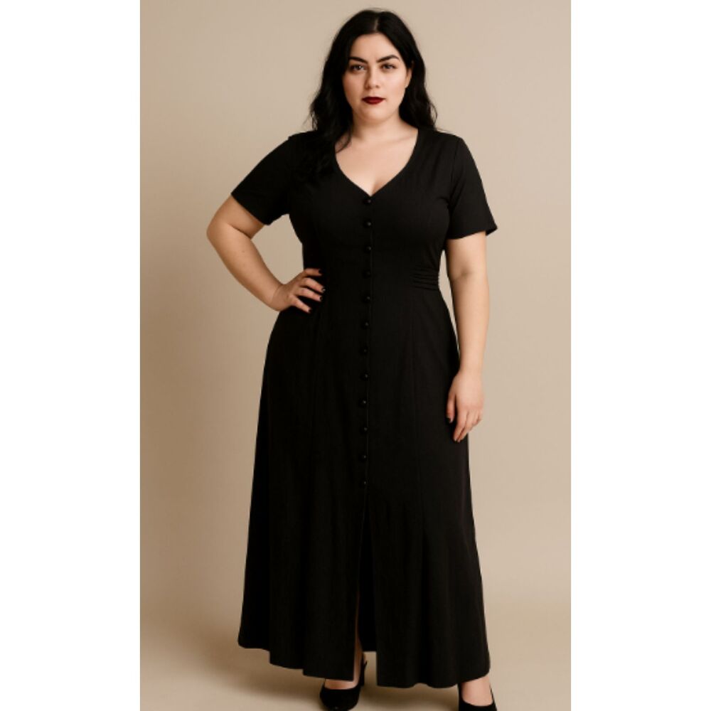 Vintage 90s Sophia Rose Black Satin Button-Up Whimsigoth Witchy Dress Size 14‎